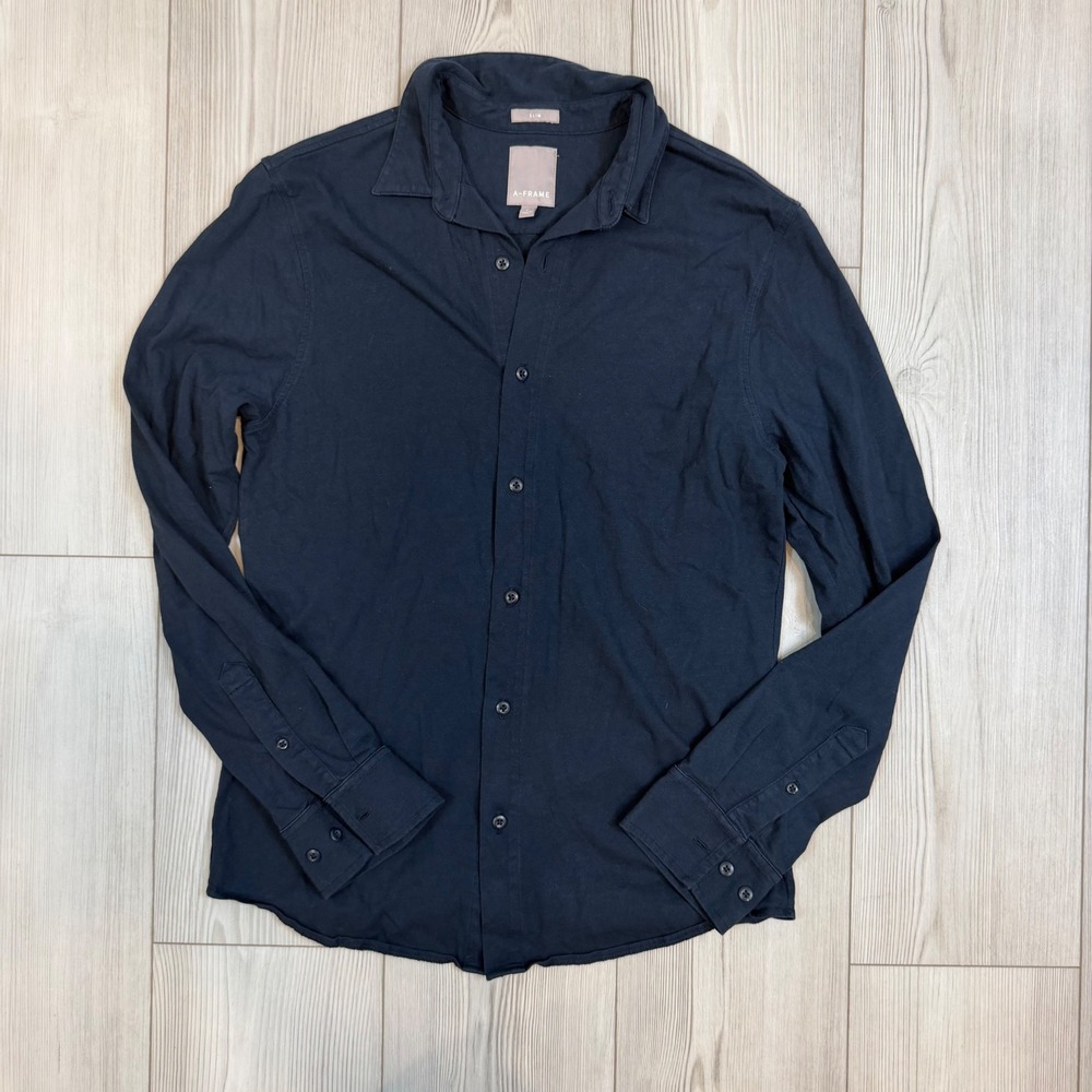 A-Frame Mens Slim Fit Long Sleeve Button Down Shirt Navy Blue Cotton MW10039 M
